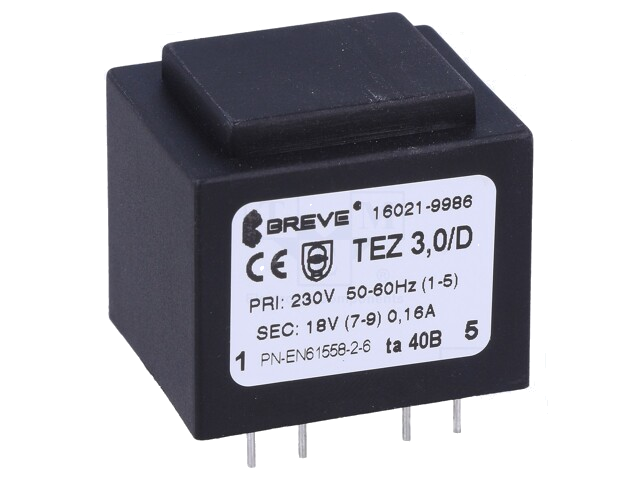 Transformator: ingegoten; 3VA; 230VAC; 18V; 167mA; PCB; IP00; A: 28mm Transformator: ingegoten; 3VA; 230VAC; 18V; 167mA; PCB; IP00; A: 28mm